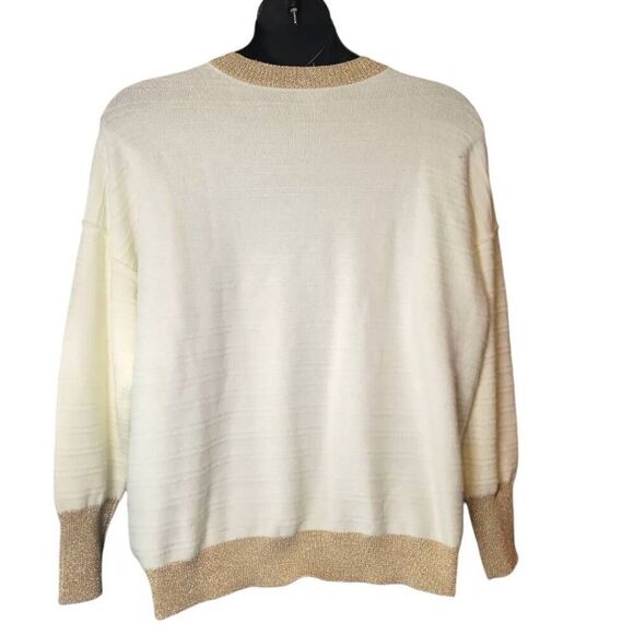 Vince Camuto Lurex Sweater Women's Large Ivory/Gold Crew Neck Long Sleeve Pullov - Picture 4 of 6